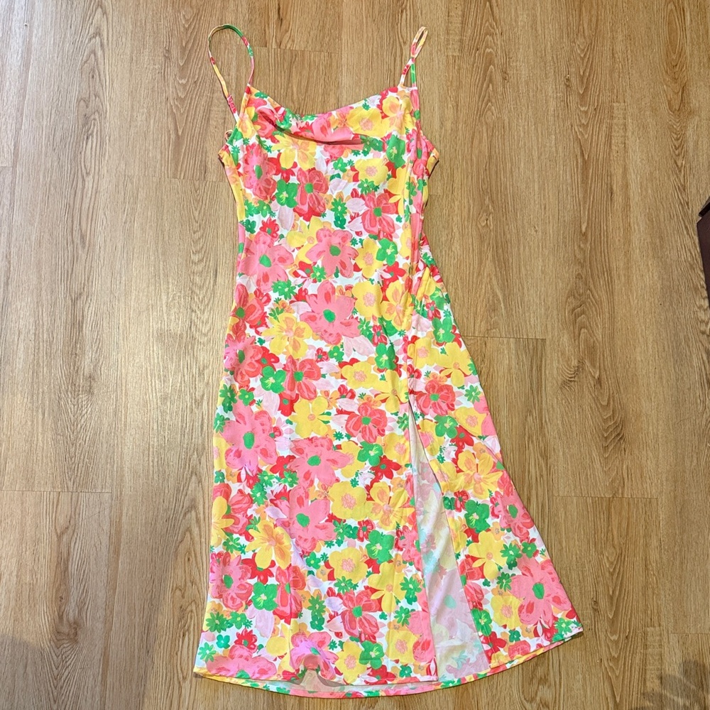 For Love And Lemons Pink and Yellow Floral Midi Dress